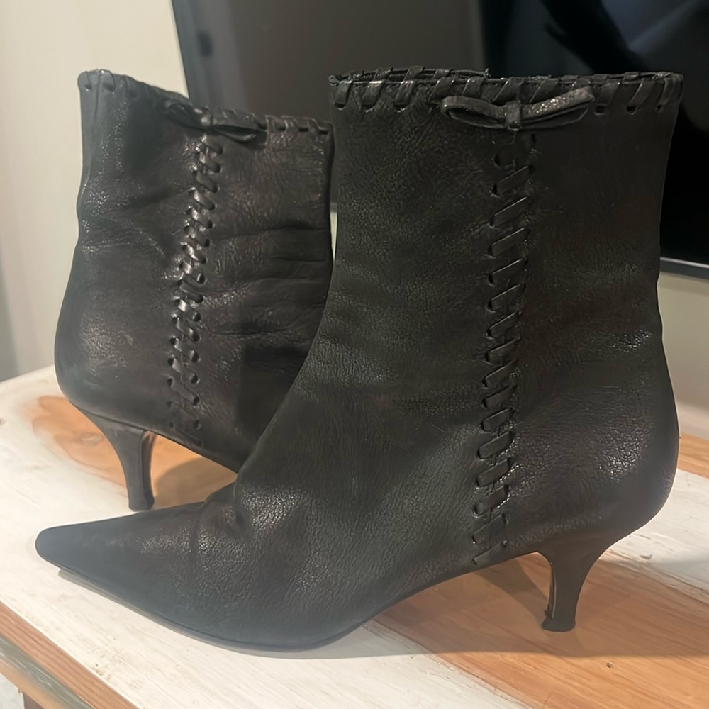 Prada Black Pointed Toe Leather Booties | Size 36.5 / 6.5